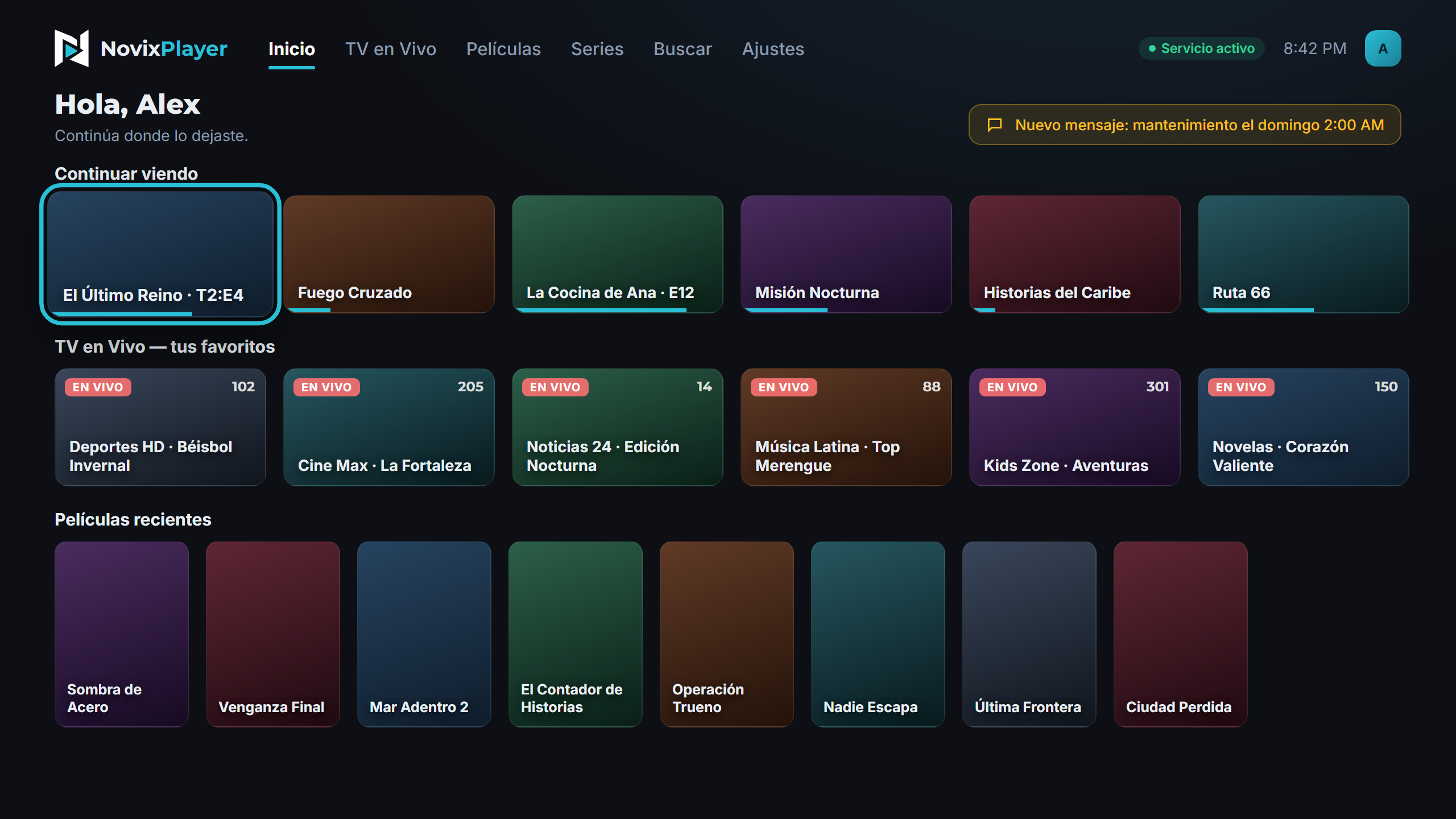 Interfaz de NovixPlayer en TV